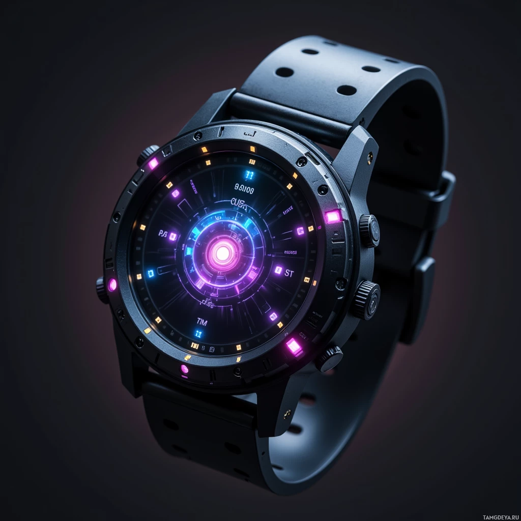 A futuristic wristwatch with illuminated digital elements and a sleek black design.