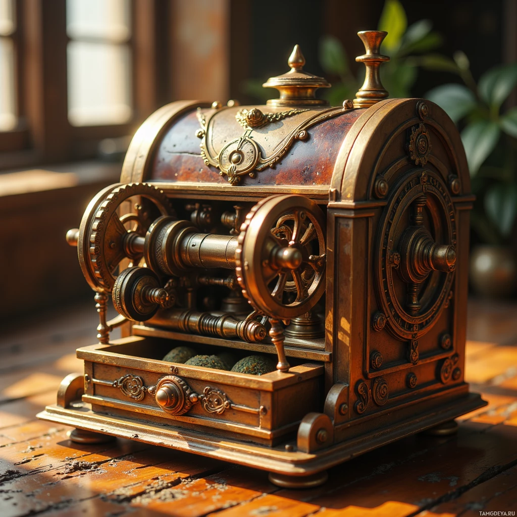 An ornate, vintage-style mechanical device with intricate brass detailing sits on a wooden surface.