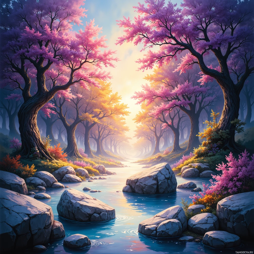 A serene landscape featuring a river with rocks, vibrant pink blossoms on trees, and a soft, glowing sky.