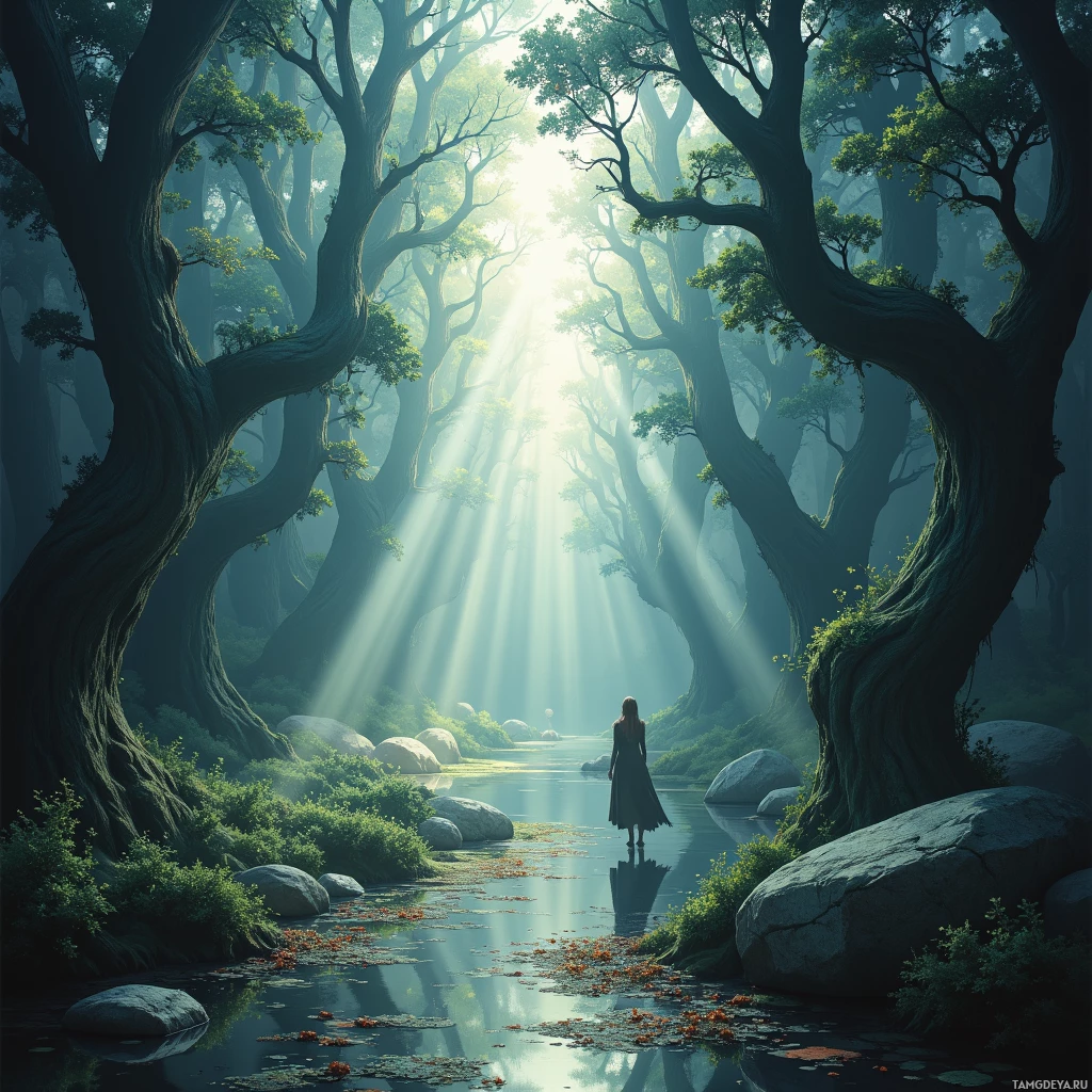 A serene forest scene with a woman standing by a reflective stream, bathed in beams of sunlight filtering through the trees.