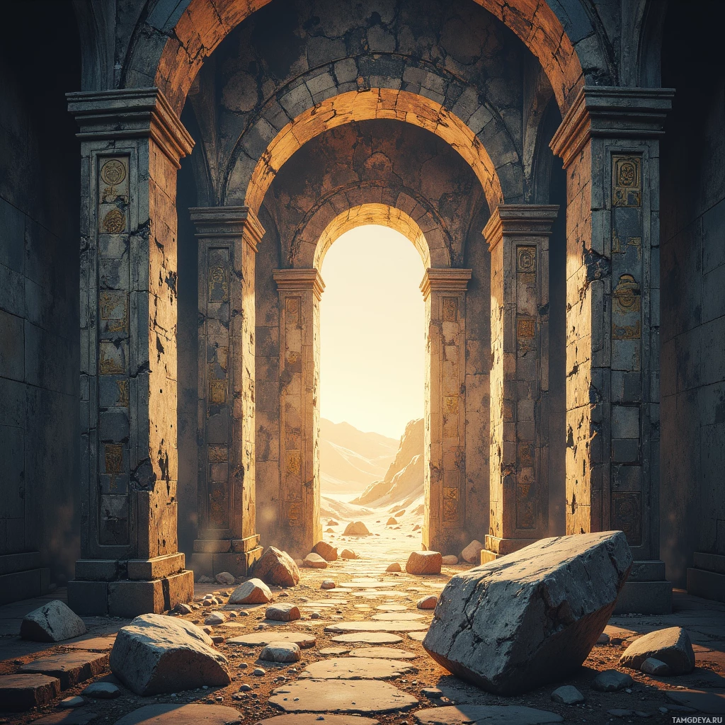 A stone archway leads to an open desert landscape under a bright sky.