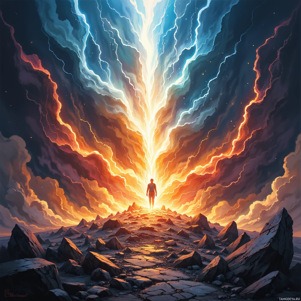 A lone figure stands atop a rocky landscape under a dramatic sky filled with lightning and fiery hues.