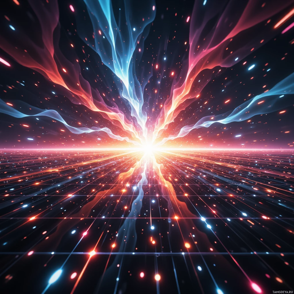 A vibrant cosmic scene with glowing particles and flowing lines against a dark background.