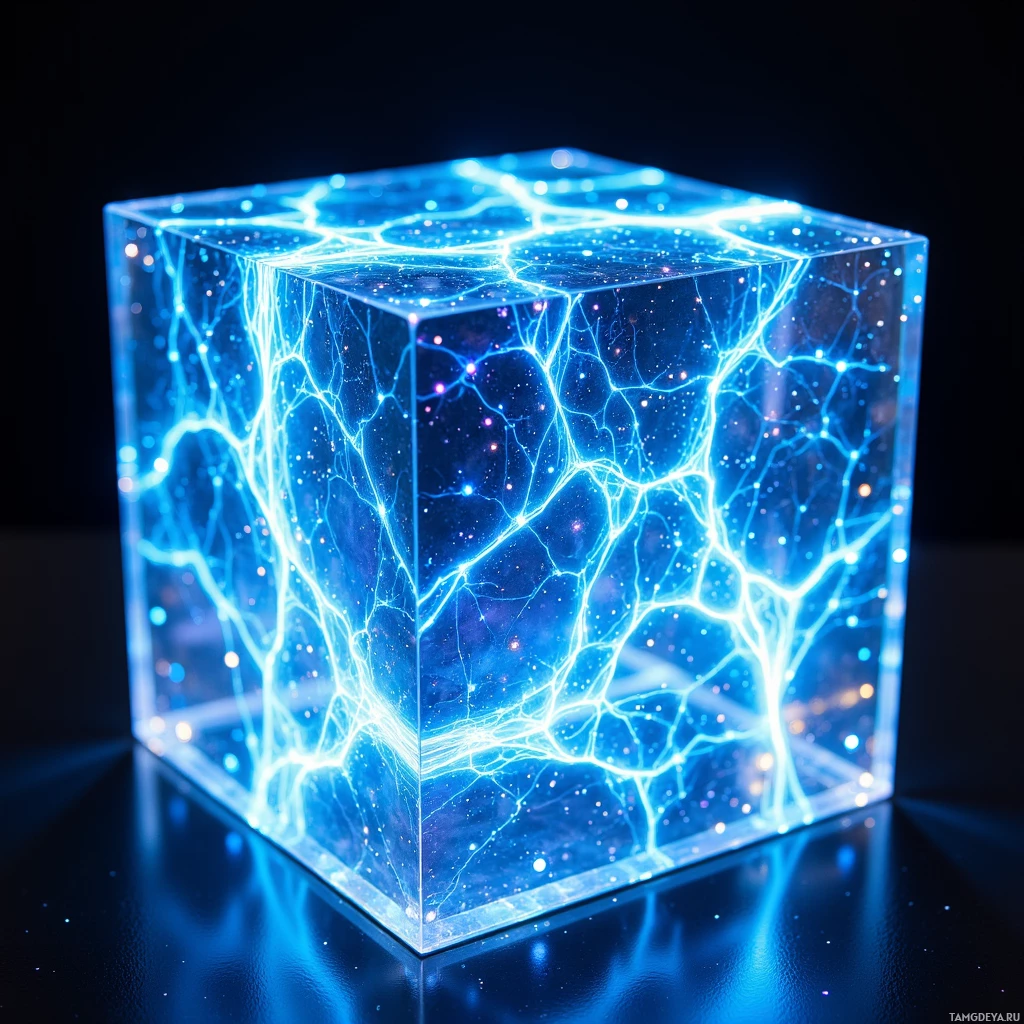 Semi-abstract image with many light, that is suitable for the post:  A 30‑centimeter translucent prism with an intricate lattice of glowing programmable memristors inside, side panels displaying dynamic HEX entropy maps in neon blue, reflective silver edges, and a subtle iridescent glow.