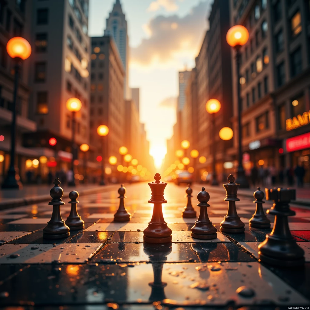 A city street scene at sunset with a chessboard placed in the foreground.