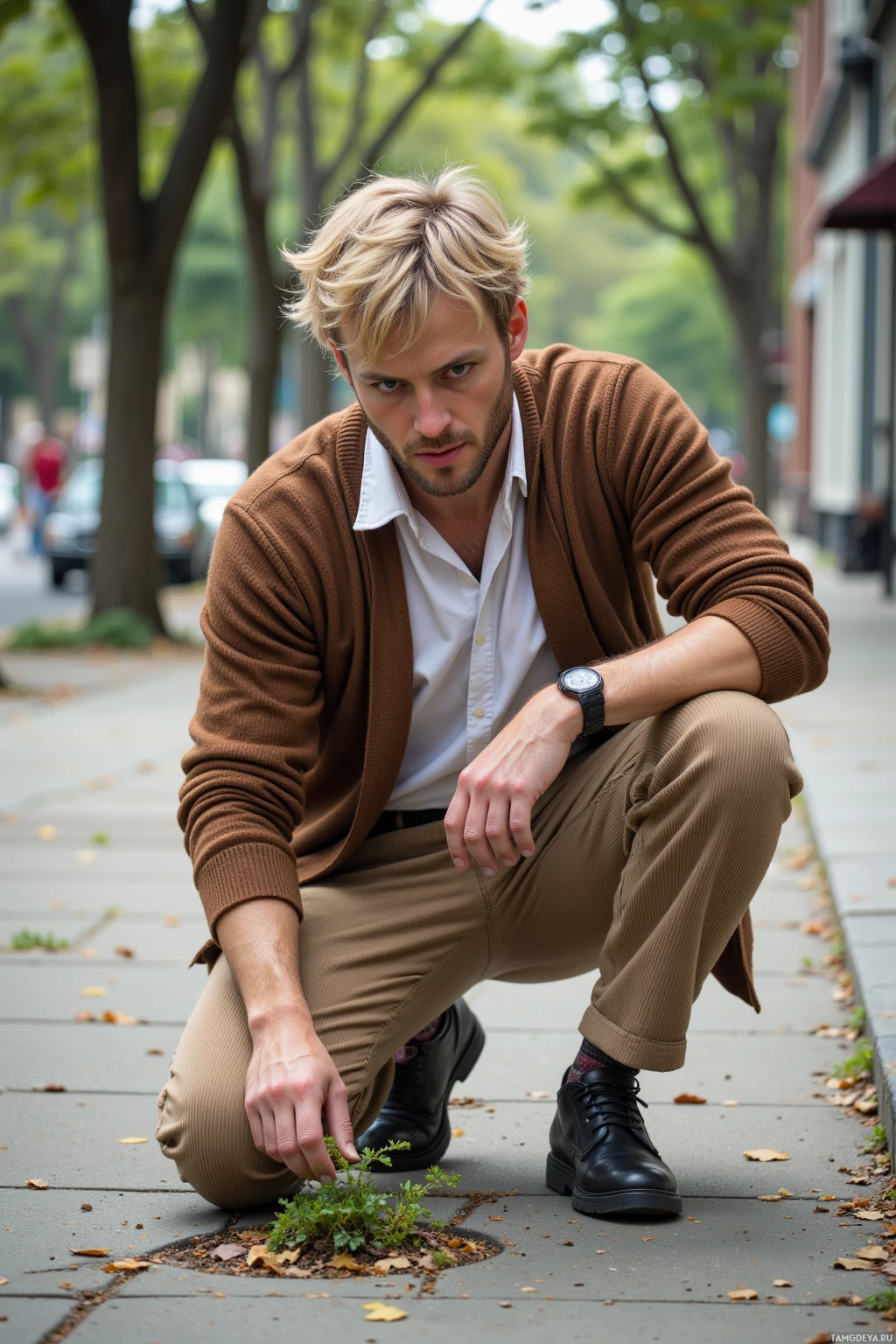A person in a brown cardigan and khaki pants crouches on a sidewalk, tending to a small plant.