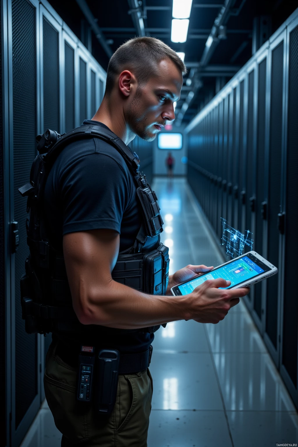 A man in a server room uses a tablet with a holographic interface.