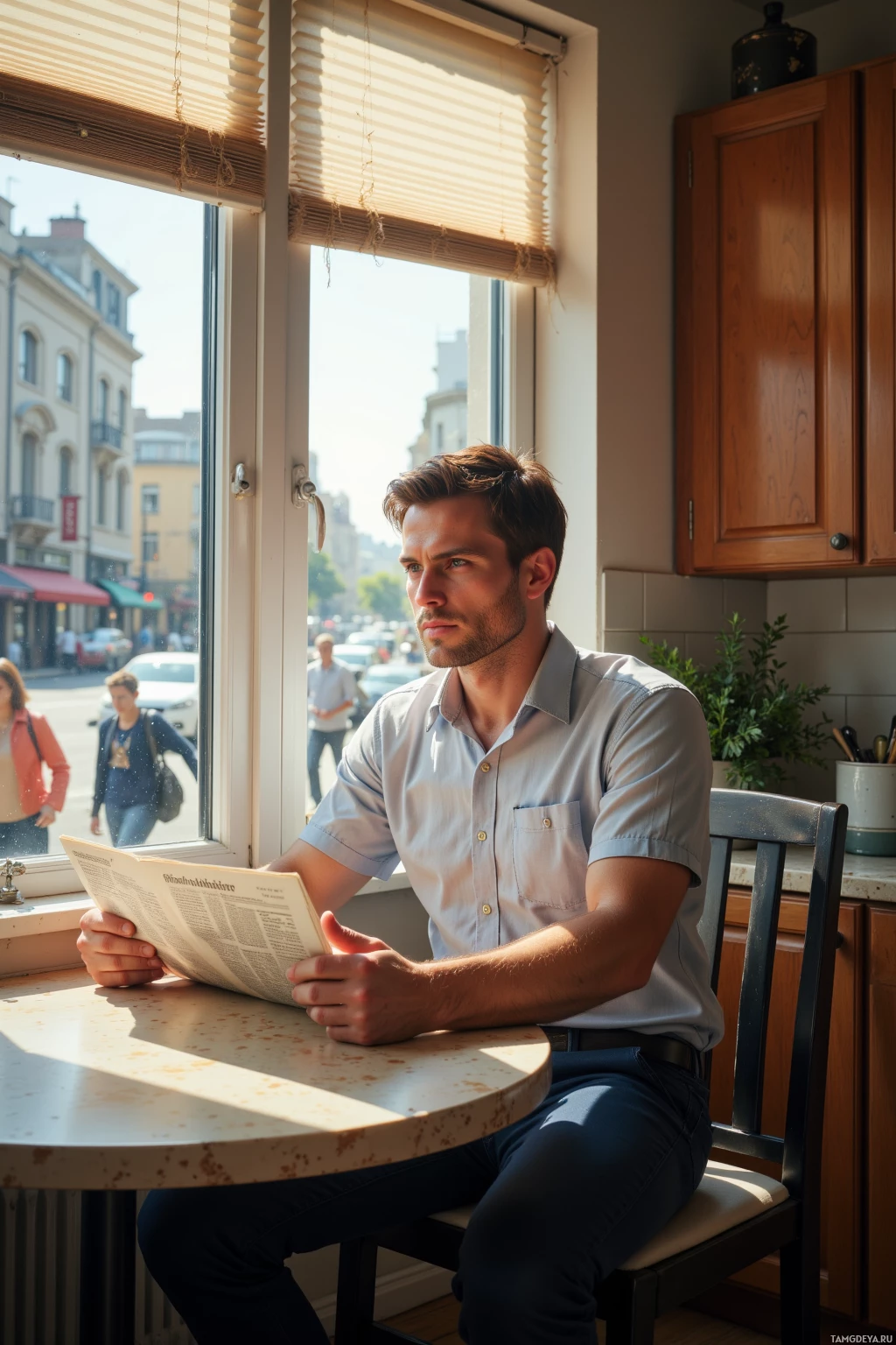 A man sits at a table by a window, reading a newspaper.