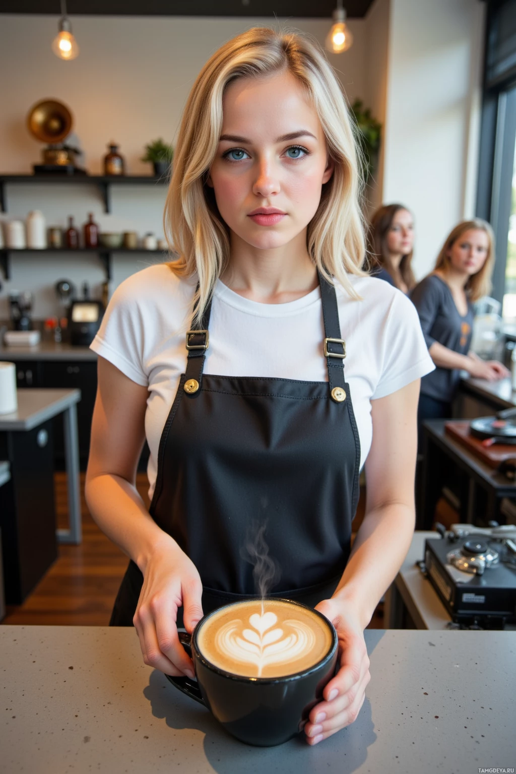 A person wearing an apron holds a steaming cup of latte art in a coffee shop setting.