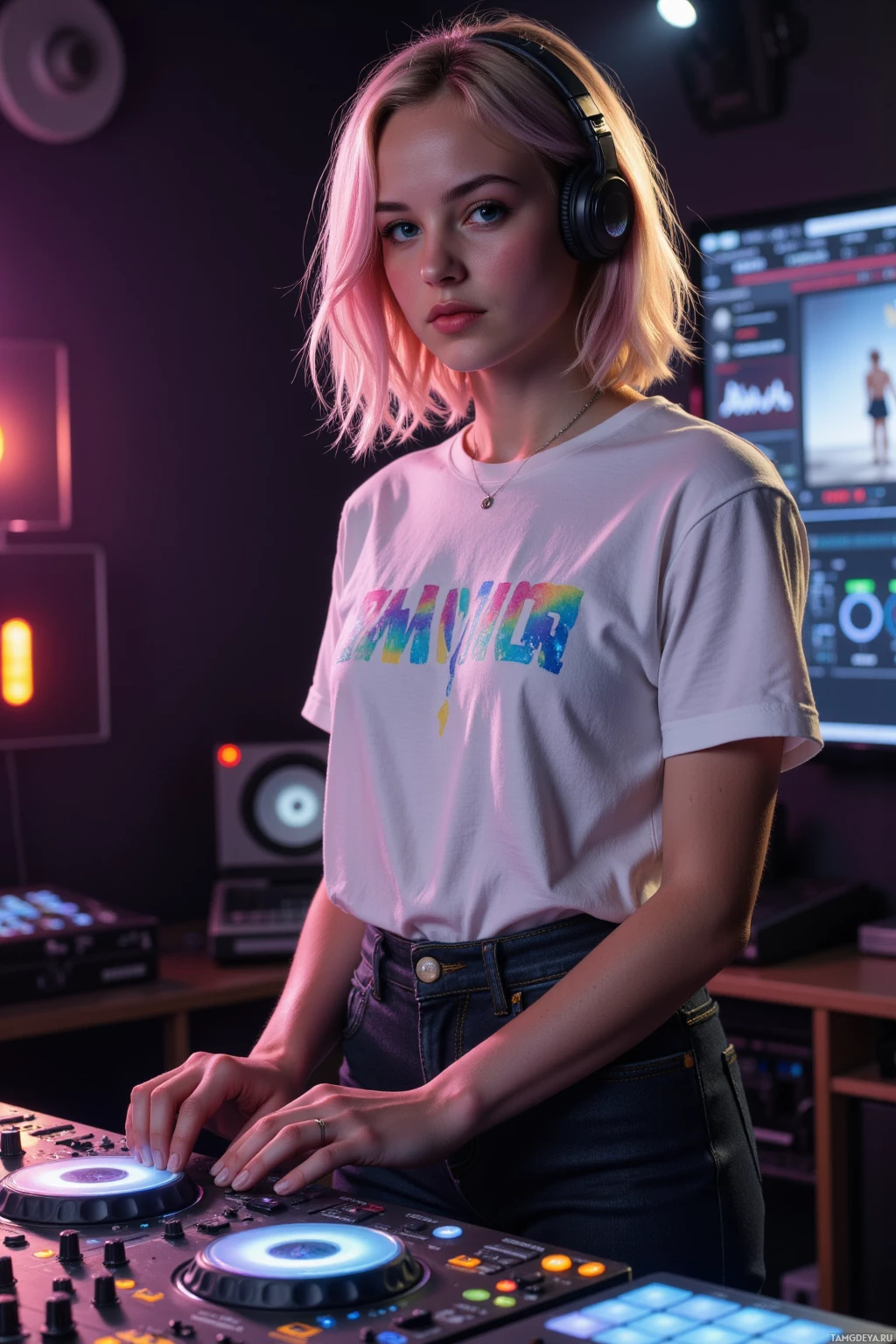 A person wearing headphones and a graphic t-shirt stands at a DJ controller in a dimly lit room.