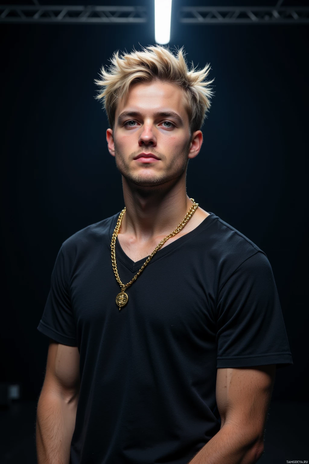 A person with blonde hair and a gold chain necklace stands against a dark background.