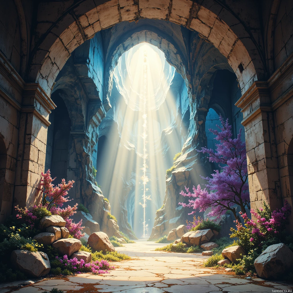 A sunlit pathway leads through ancient ruins into a bright, open sky.