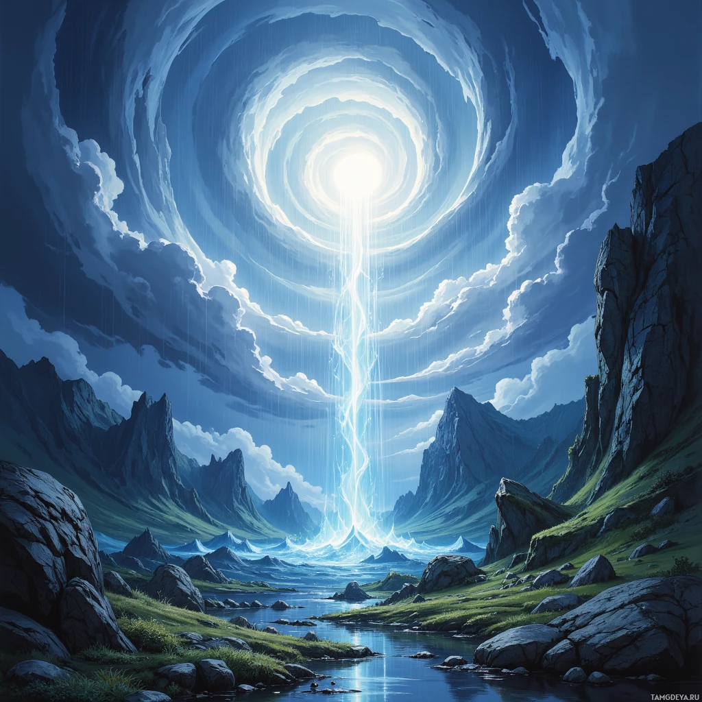 A serene landscape with a glowing, spiraling light in the sky above a mountainous terrain and a reflective body of water.