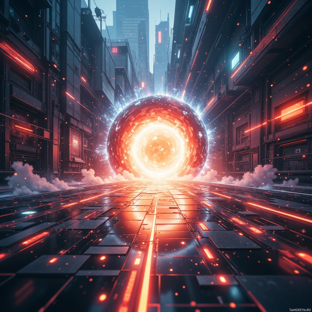 A futuristic cityscape with a glowing portal at the center.