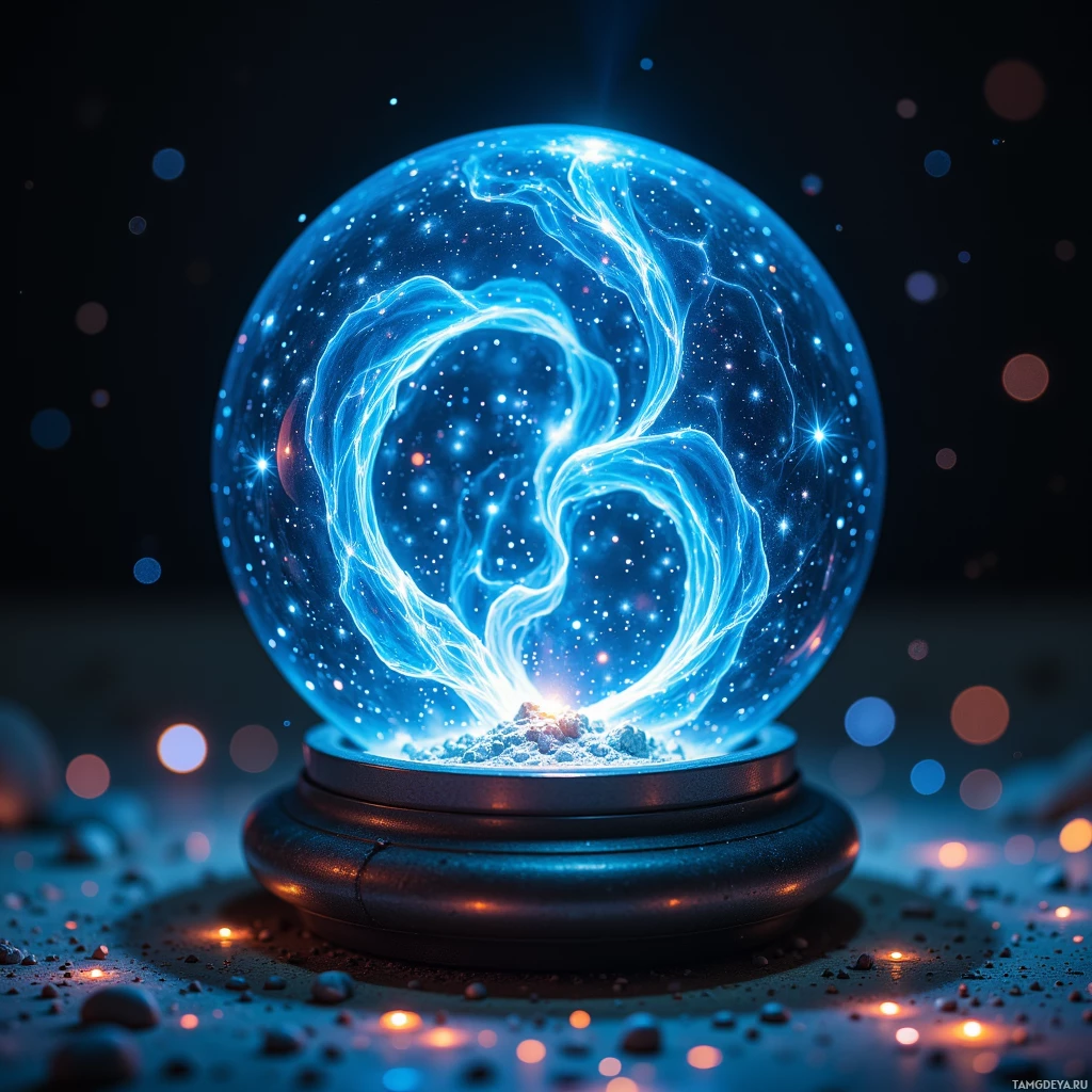 A glowing crystal ball with swirling blue energy and stars inside sits on a dark surface with scattered lights around it.