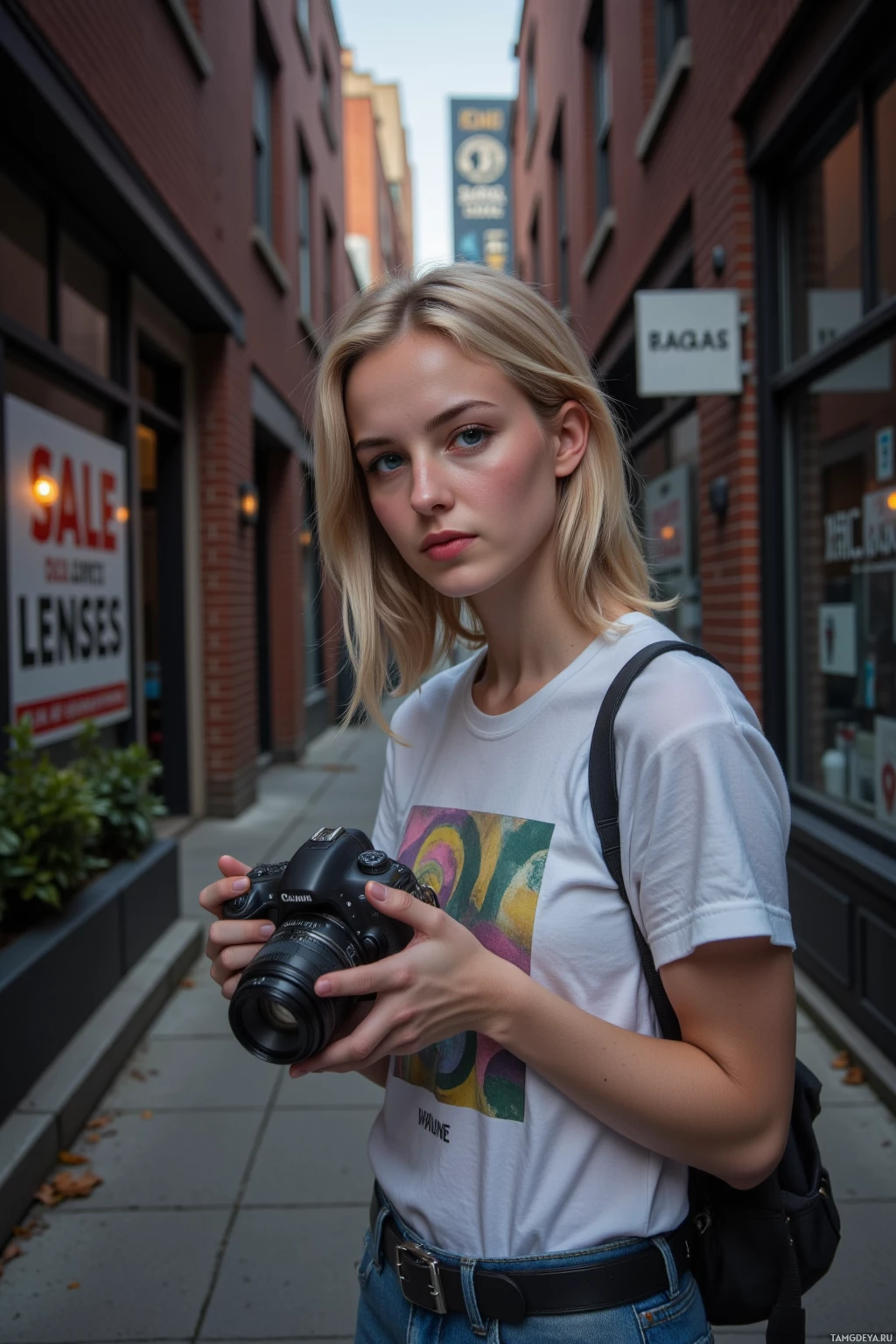 A person holding a camera stands on a city street.