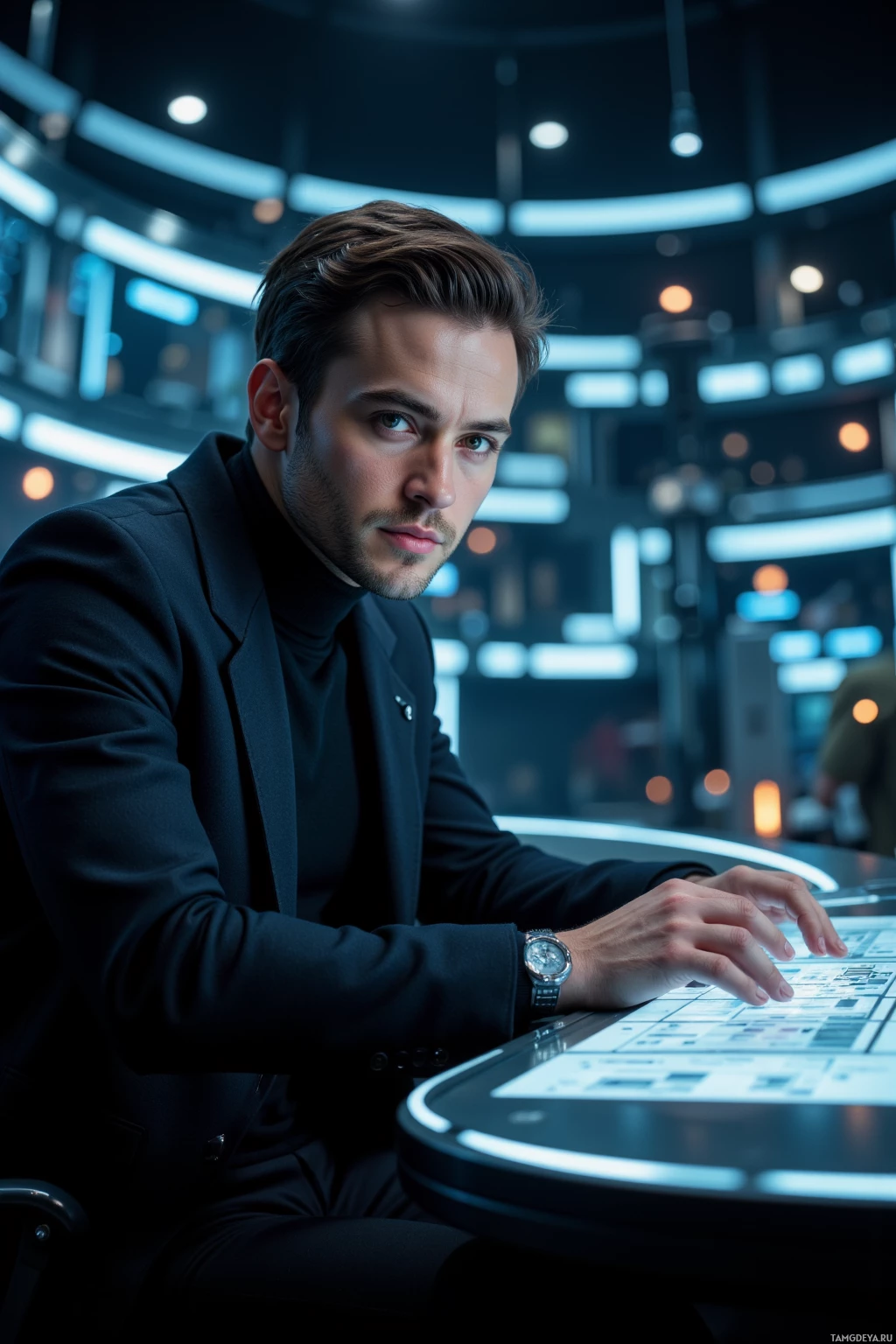 A person in a dark suit is seated at a futuristic console, interacting with a digital interface.