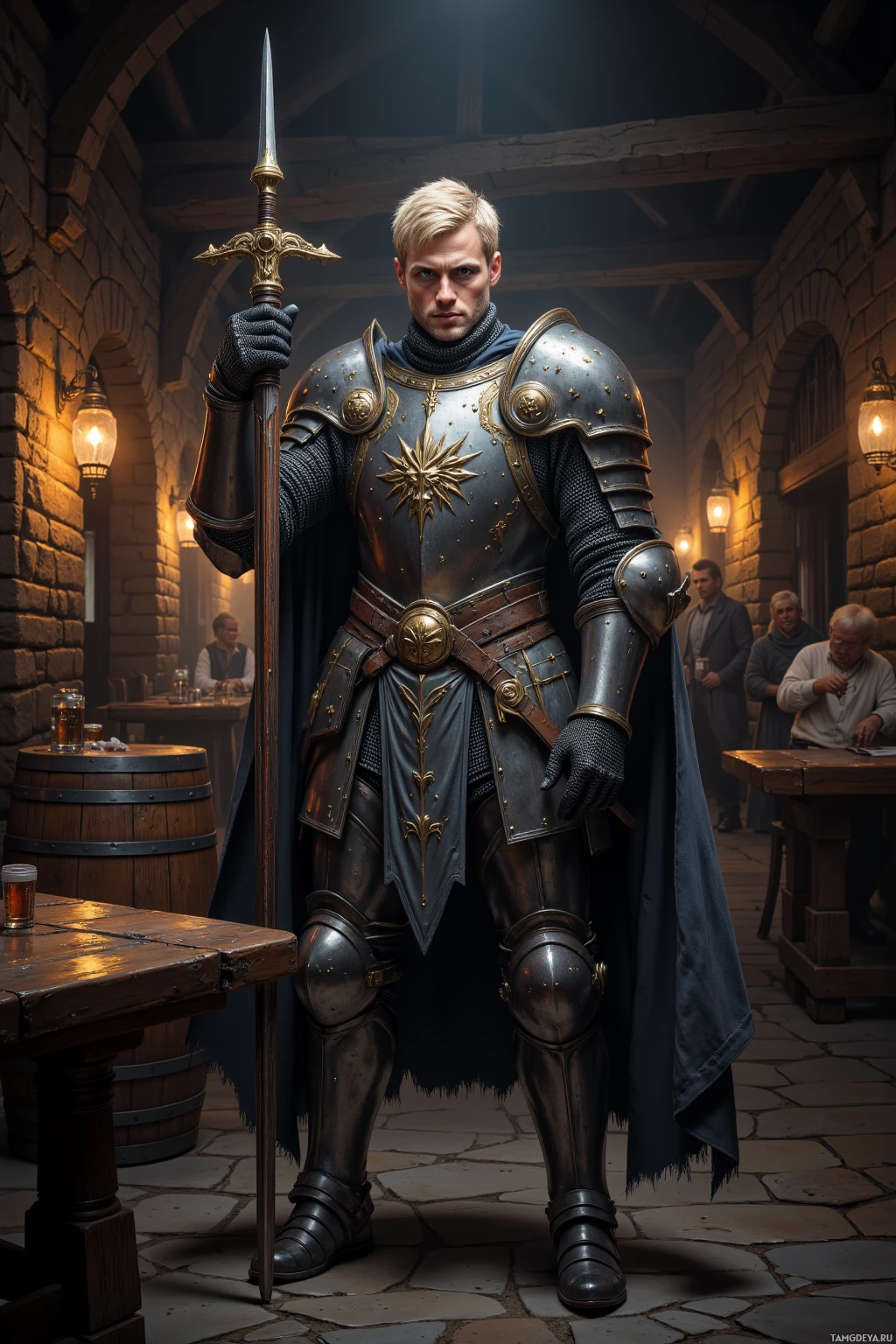 A knight in ornate armor stands in a dimly lit stone hall, holding a sword.