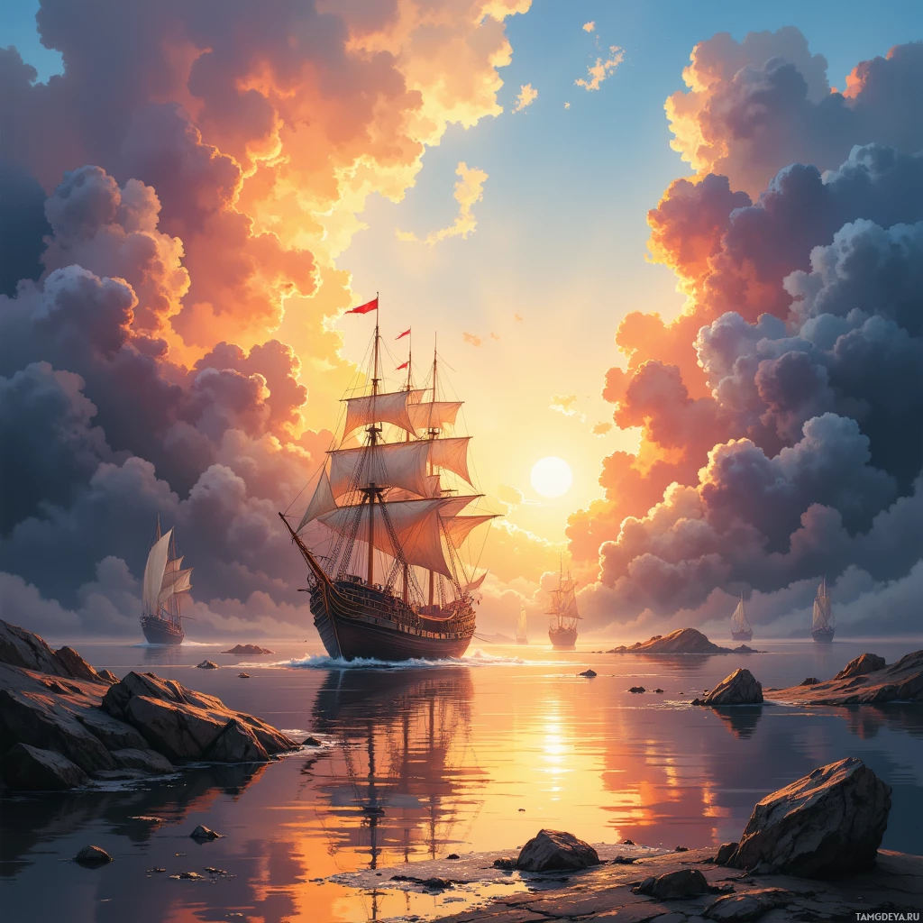 A serene sunset scene with ships sailing on calm waters near rocky shores.