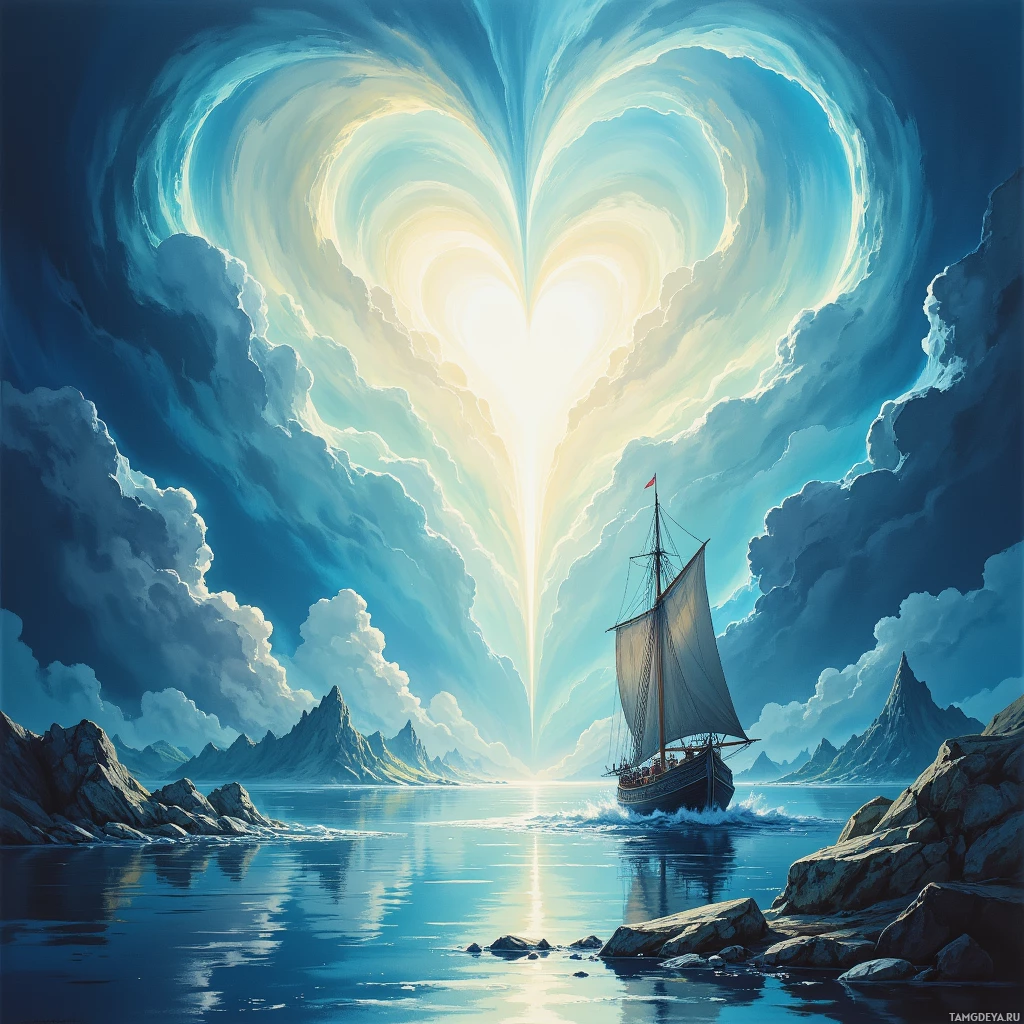 A serene seascape featuring a heart-shaped cloud formation above a sailboat navigating calm waters near rugged mountains.