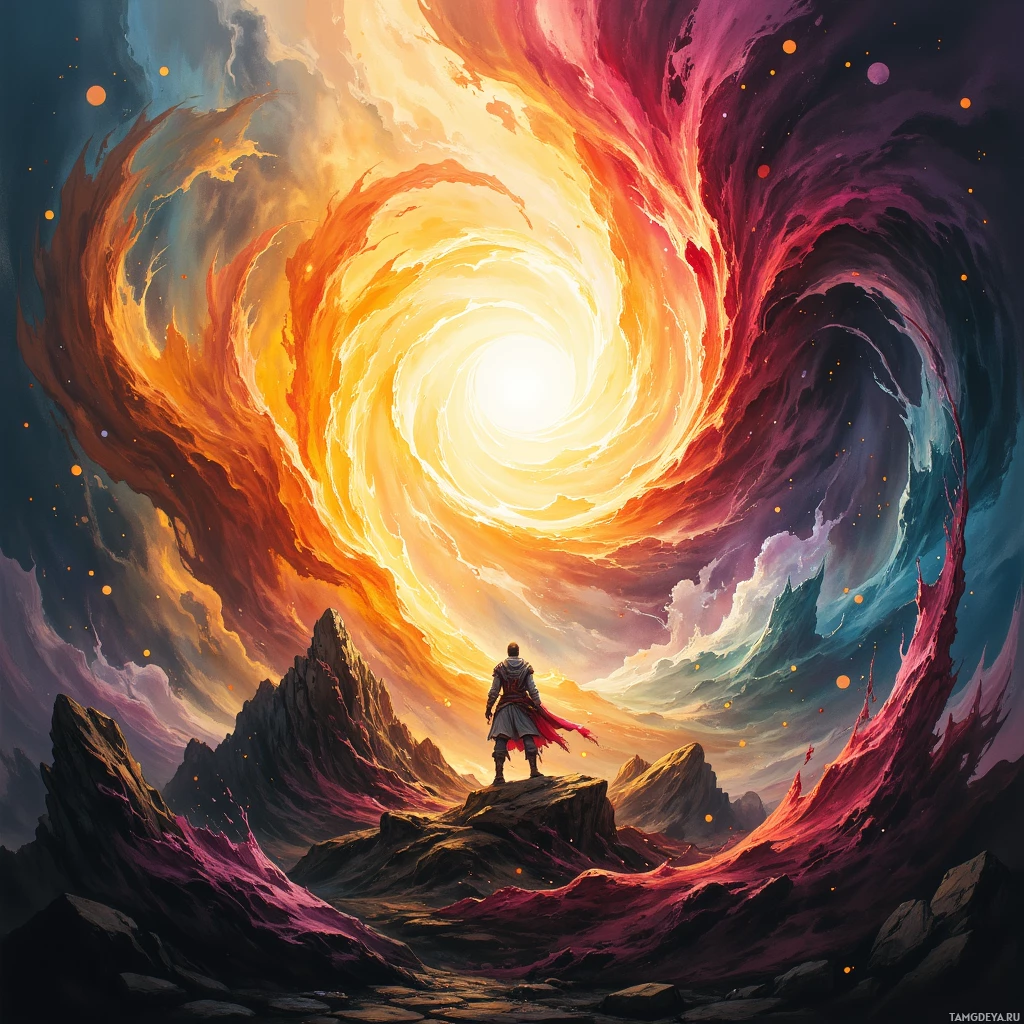 A lone figure stands on a rocky outcrop, gazing at a swirling vortex of vibrant colors in the sky.