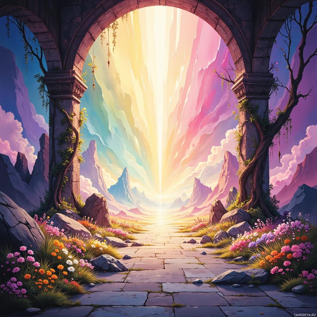 A vibrant scene featuring an archway leading to a radiant sky with colorful clouds and mountains in the background.