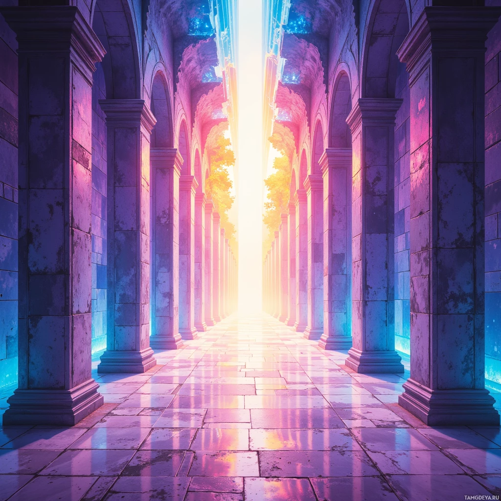 A vibrant corridor with arches and columns bathed in pink and blue hues leading to bright light at the end.