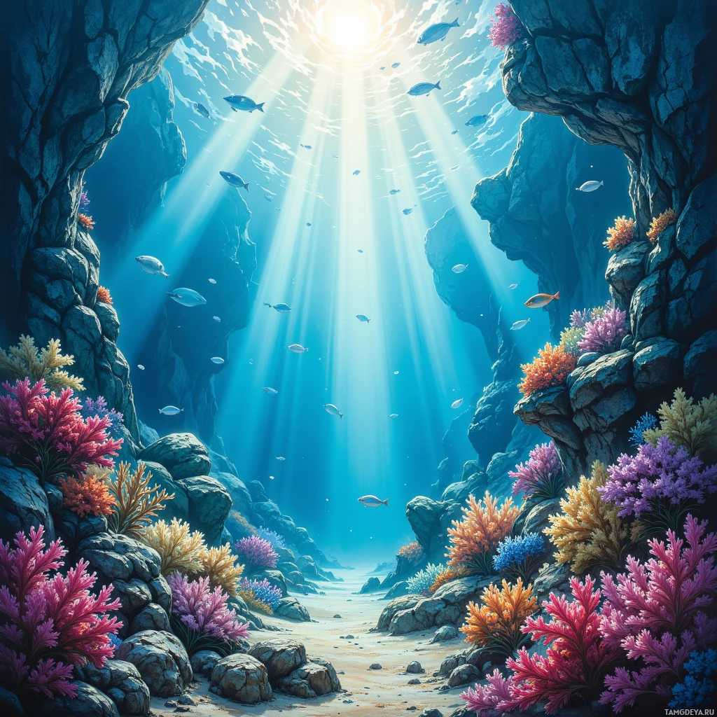 An underwater scene with sunlight filtering through water, rocky formations, and colorful coral.