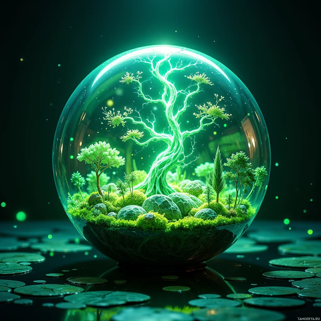 A glowing green sphere containing a miniature forest with a central tree and various plants.