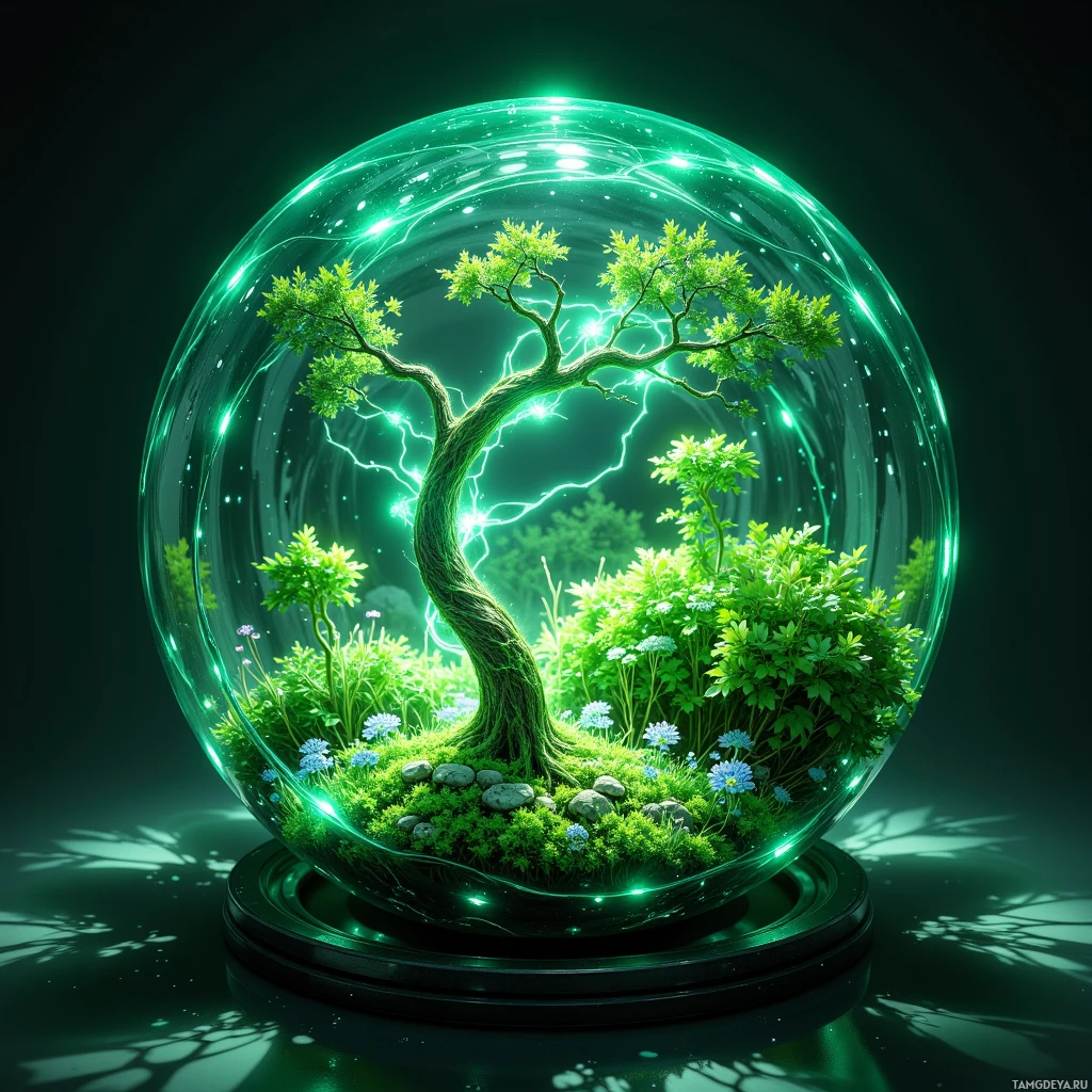 A glowing green sphere containing a miniature forest with a central tree and vibrant foliage.