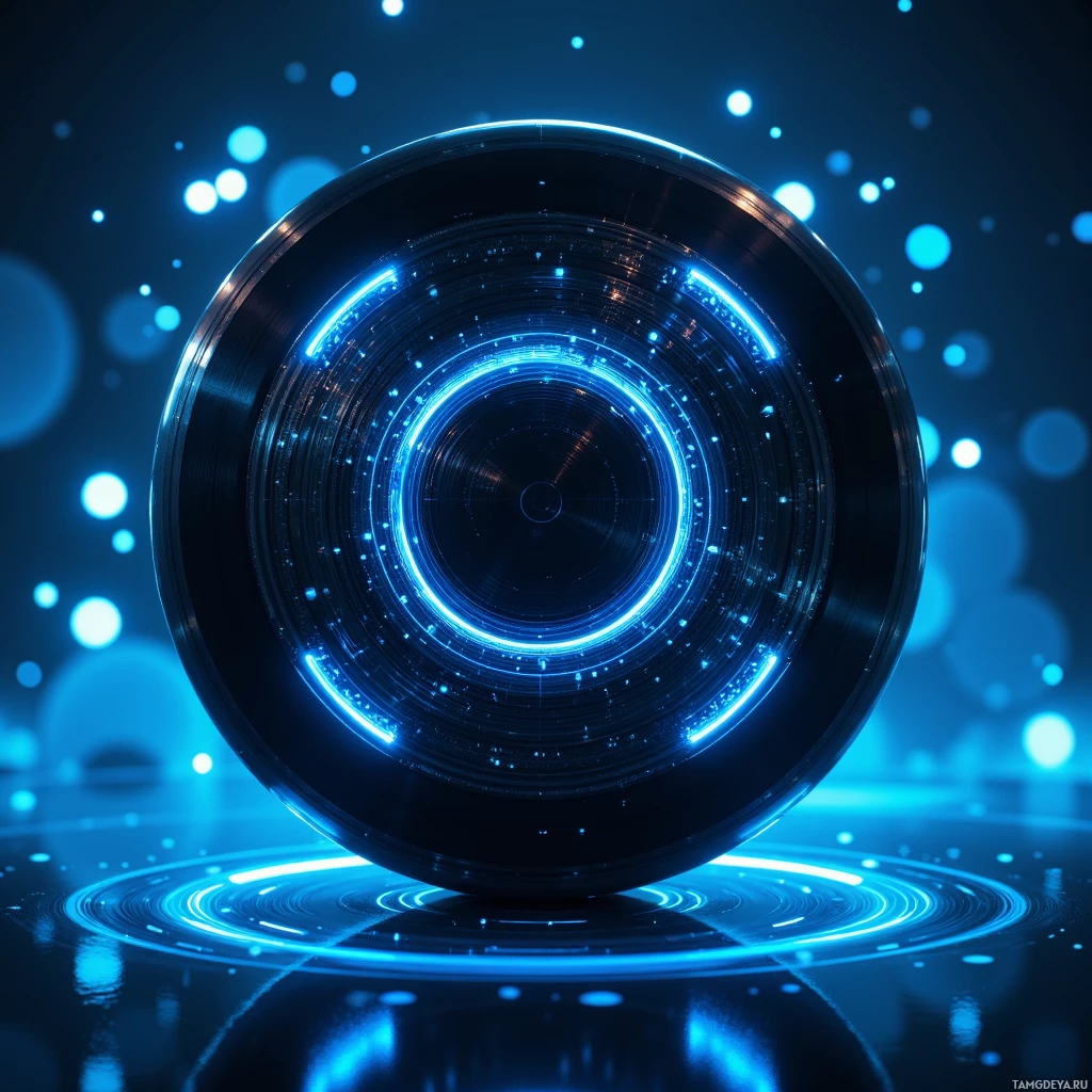 A glowing, futuristic circular object with blue lights and reflections on a dark background.