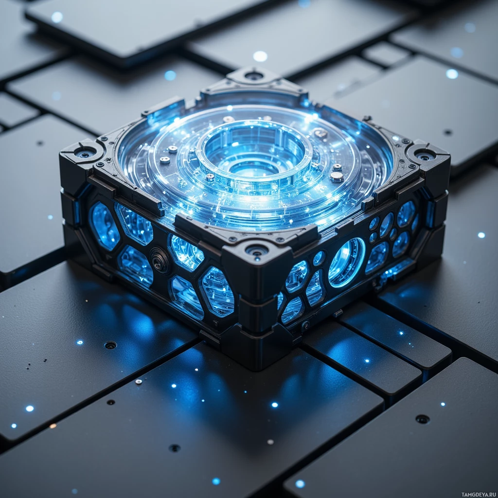 A futuristic, glowing blue device with a hexagonal design sits on a dark, grid-like surface.