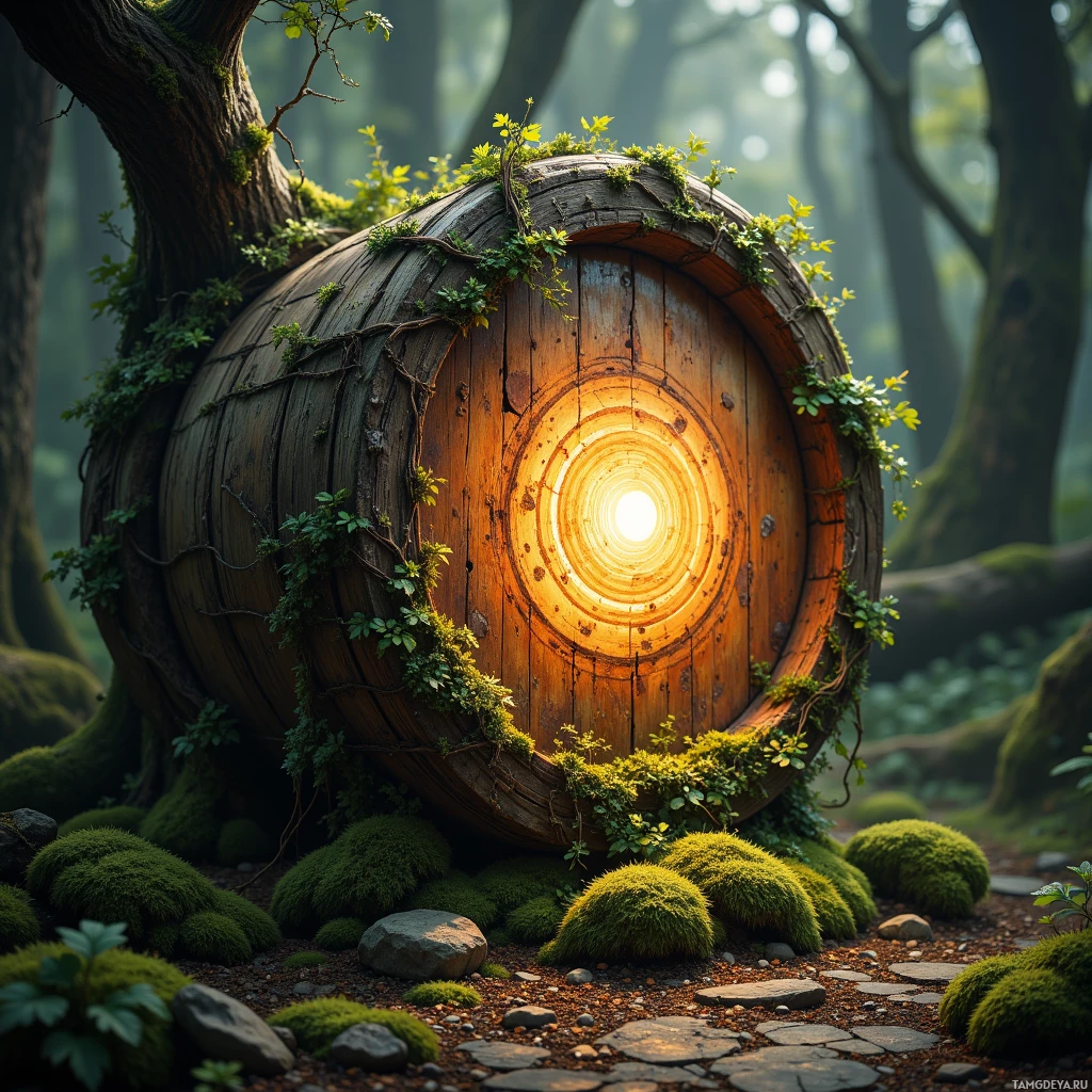 A round wooden door with a glowing center is surrounded by moss and vines in a forest setting.