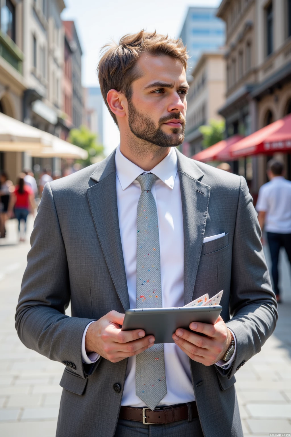 A man in a suit holds a tablet while standing on a city street.