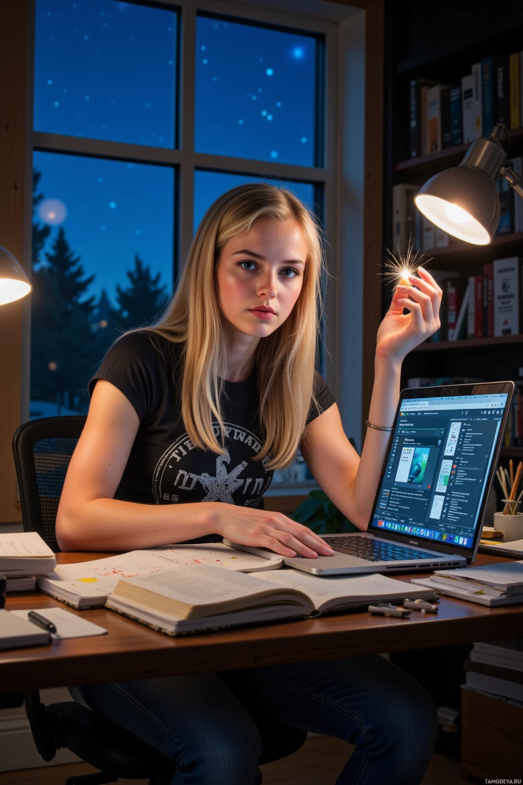 A person is sitting at a desk with books and a laptop, holding a sparkler near their face in front of a window showing a night sky.