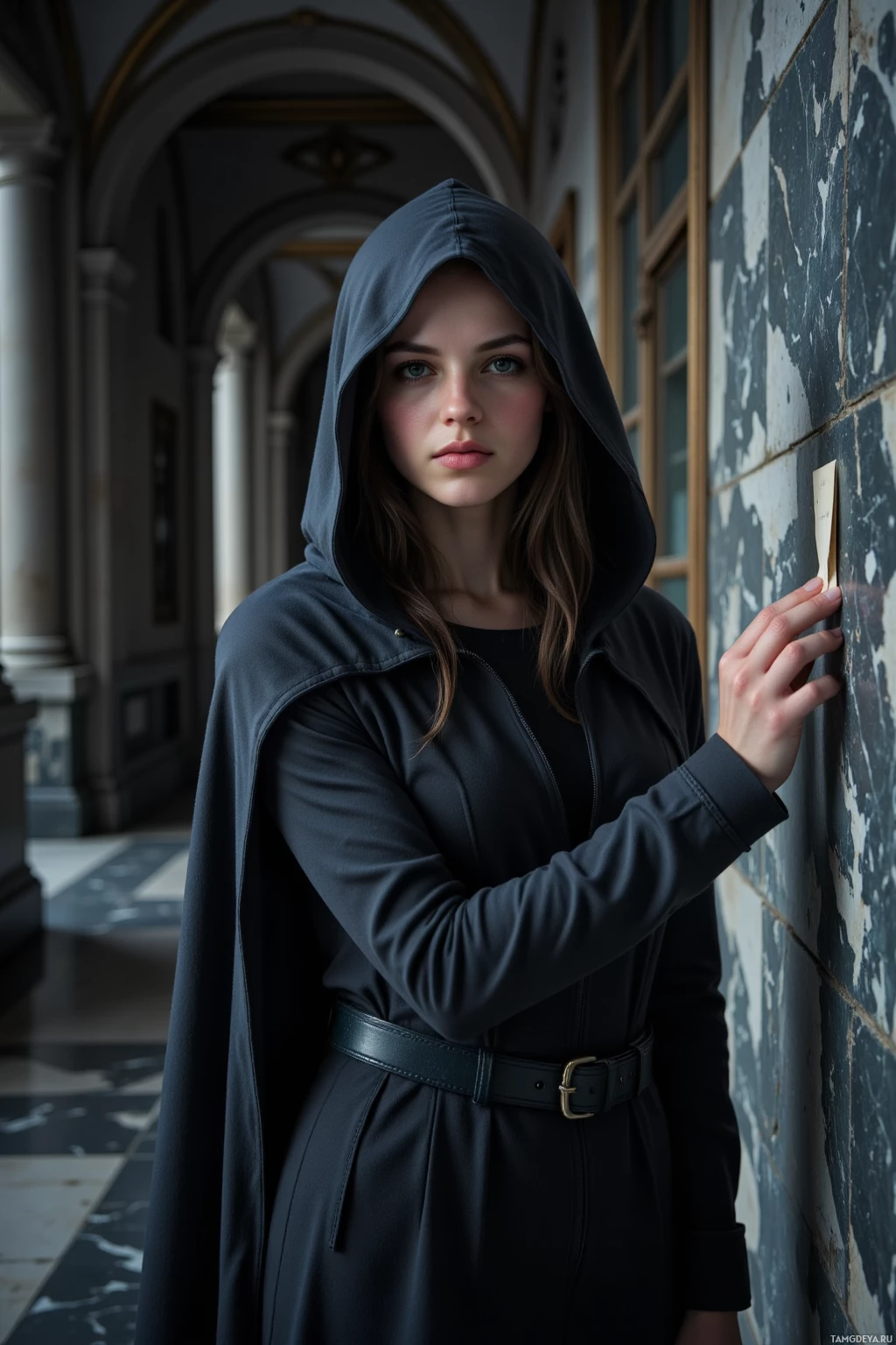A person in a hooded cloak stands in a dimly lit corridor.