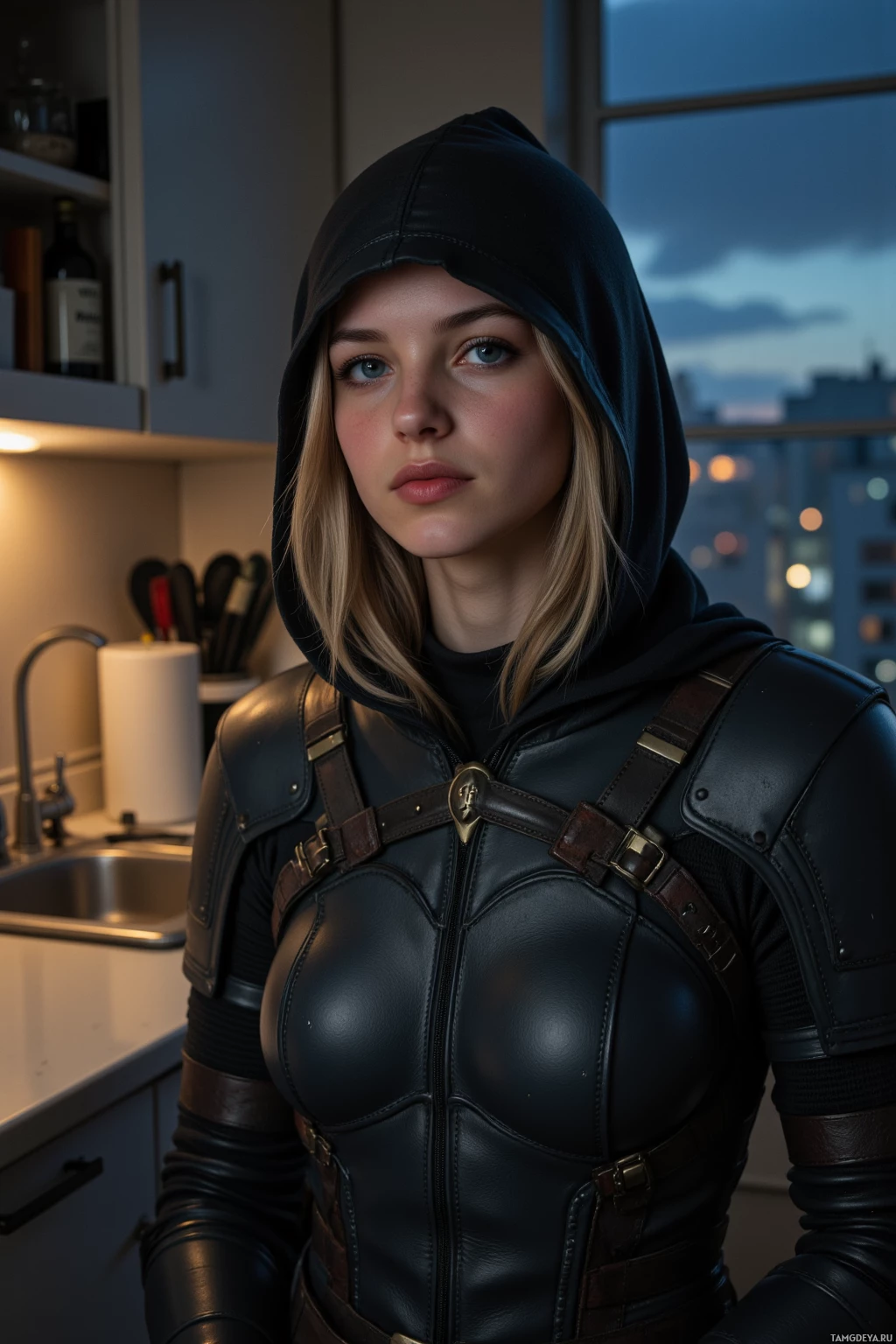 A person wearing a black leather outfit with a hood stands in a kitchen with a cityscape visible through the window.