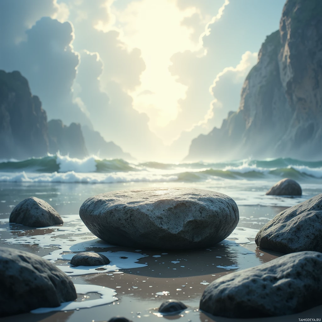 A serene beach scene with rocks and gentle waves under a bright sky.
