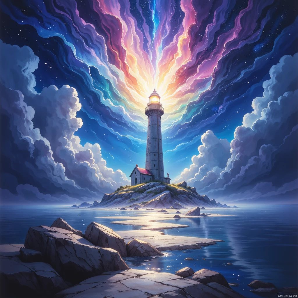 A lighthouse shines brightly on a rocky island under a vibrant sky with swirling clouds and stars.