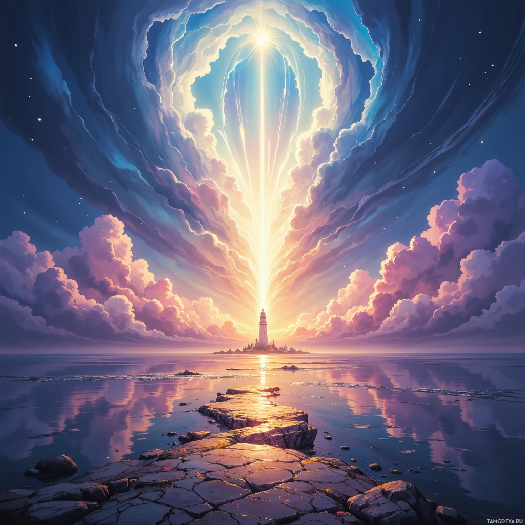 A serene coastal scene with a lighthouse emitting a radiant beam of light, surrounded by dramatic clouds and a calm sea.