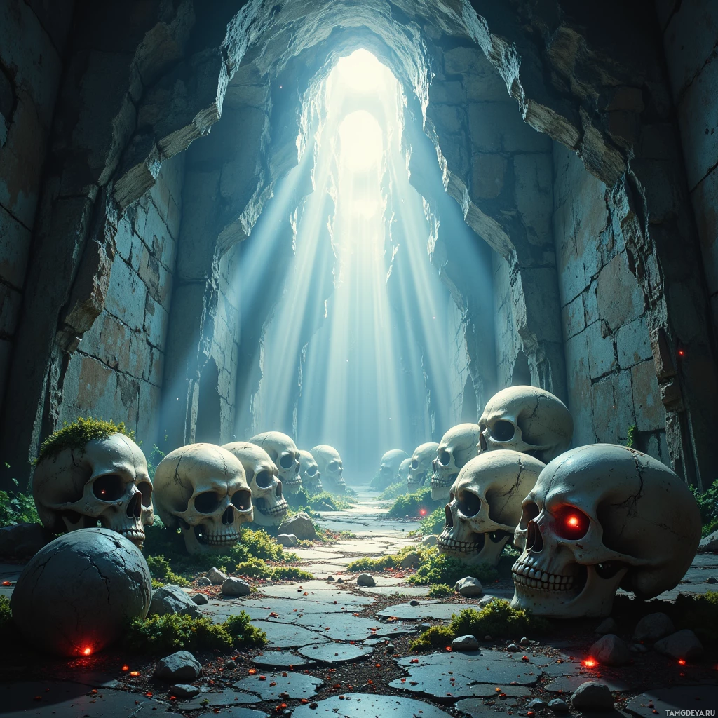 A stone pathway lined with skulls leads towards a bright light at the end of a tunnel.