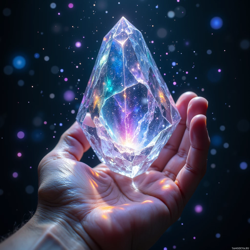 A hand holds a glowing, multi-colored crystal against a dark, starry background.