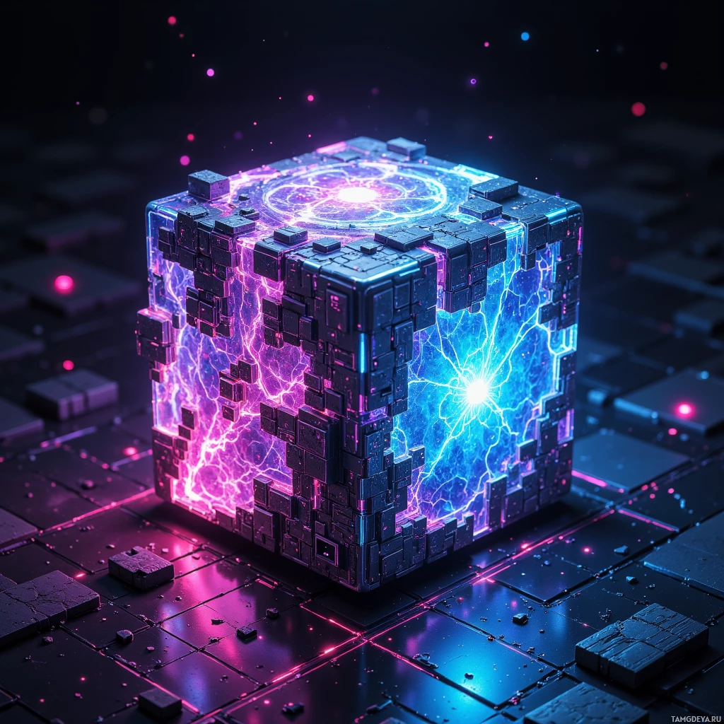 A glowing, futuristic cube with intricate patterns and vibrant colors.