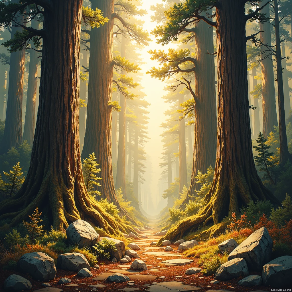 A serene forest scene with tall trees and sunlight filtering through the canopy.