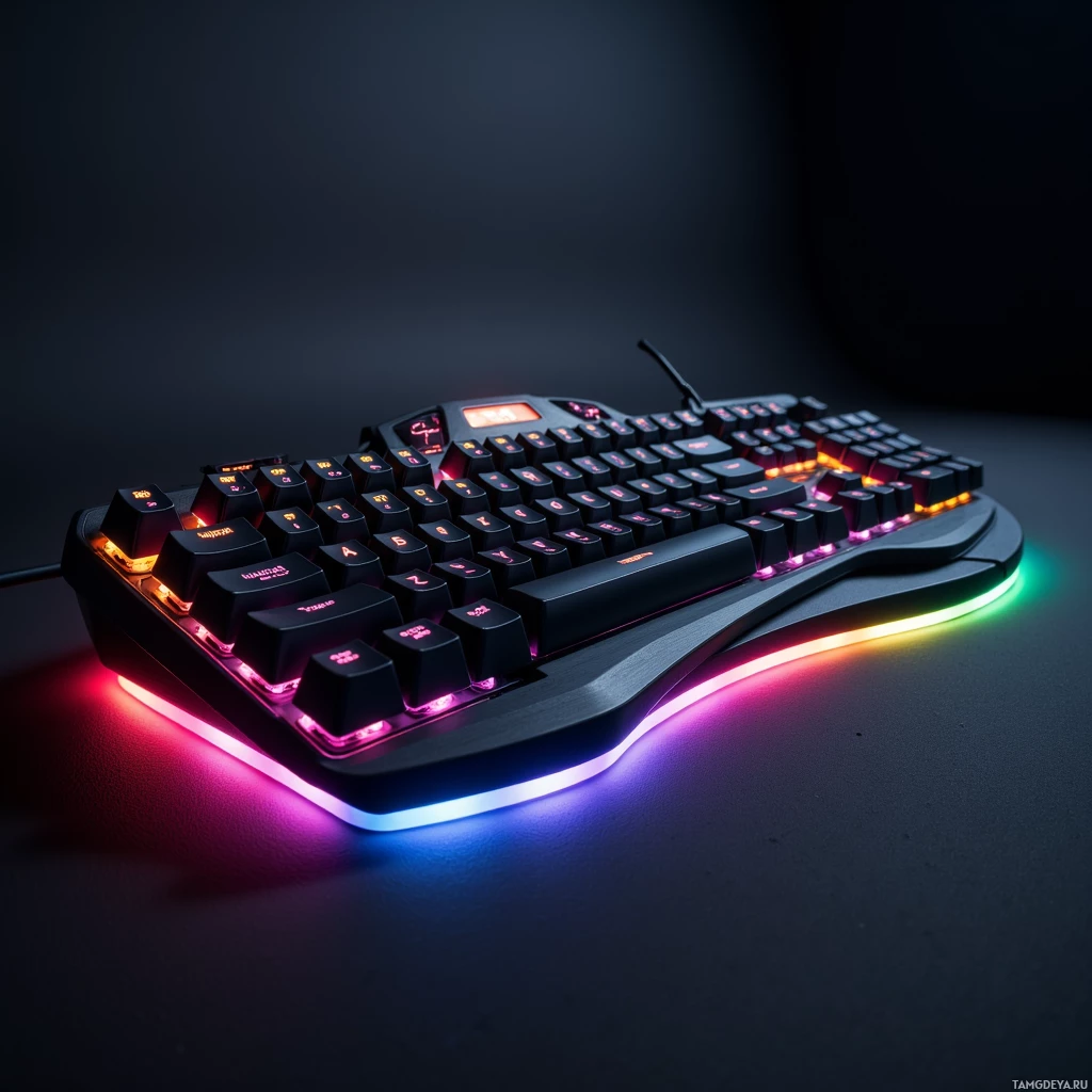 A backlit gaming keyboard with vibrant rainbow lighting.