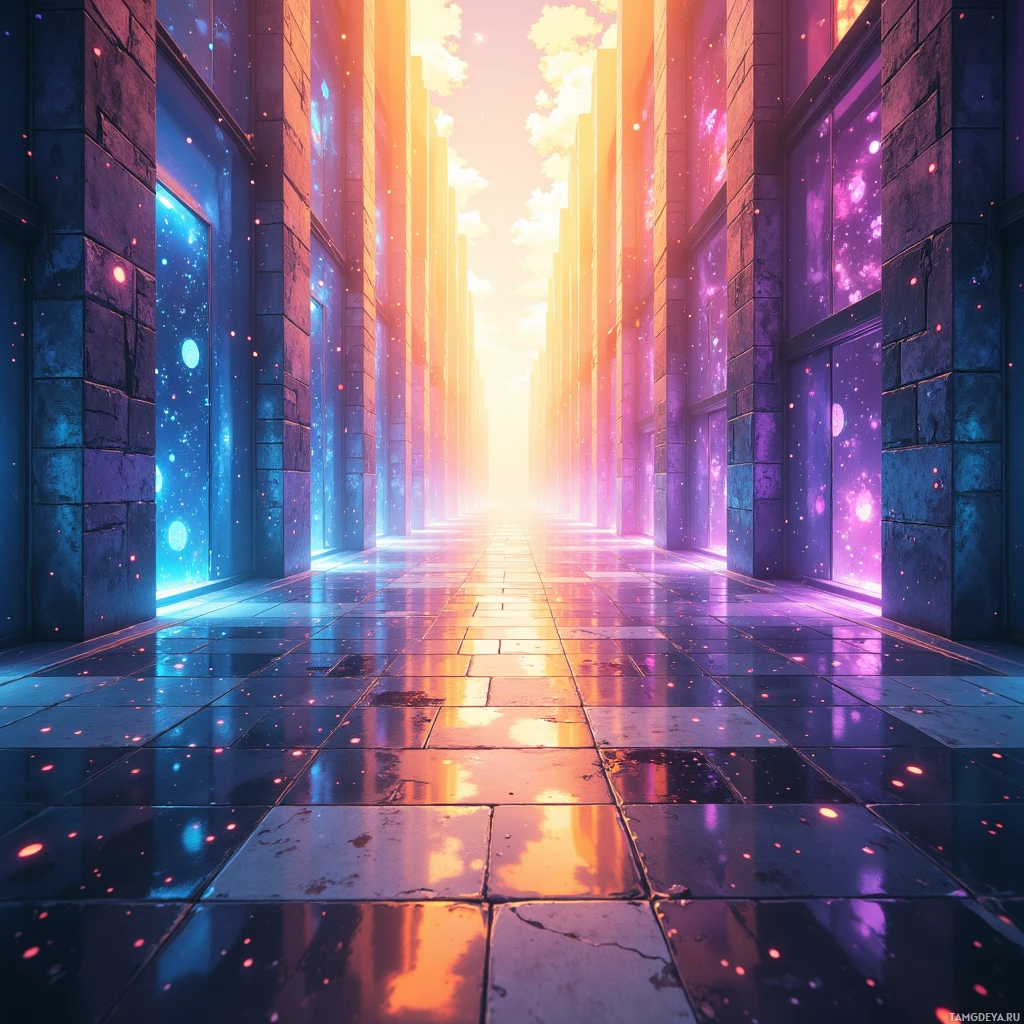 A vibrant, futuristic corridor with glowing lights and reflective surfaces.