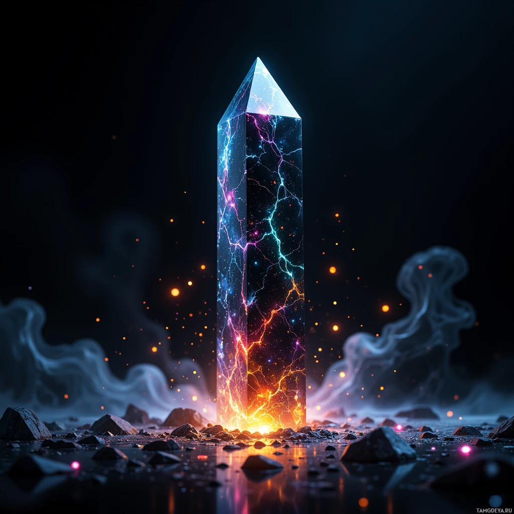 Semi-abstract image with many light, that is suitable for the post:  Slender obsidian prism of polished black glass, its facets etched with faint glowing runes, emitting shifting iridescent colors that pulse rhythmically in subtle hues.