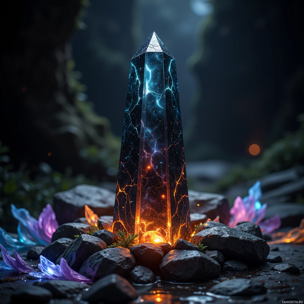 Semi-abstract image with many light, that is suitable for the post:  Slender obsidian prism of polished black glass, its facets etched with faint glowing runes, emitting shifting iridescent colors that pulse rhythmically in subtle hues.