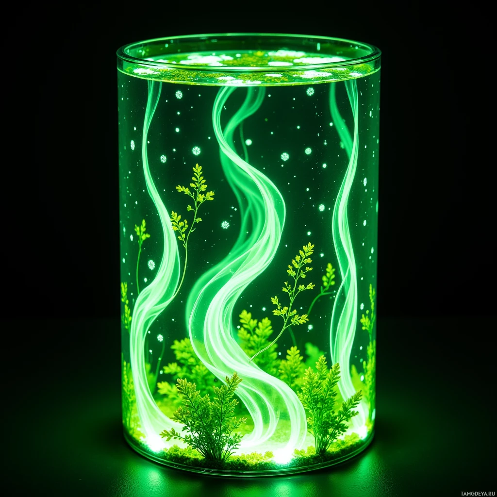 A glass container filled with glowing green liquid and small plants.