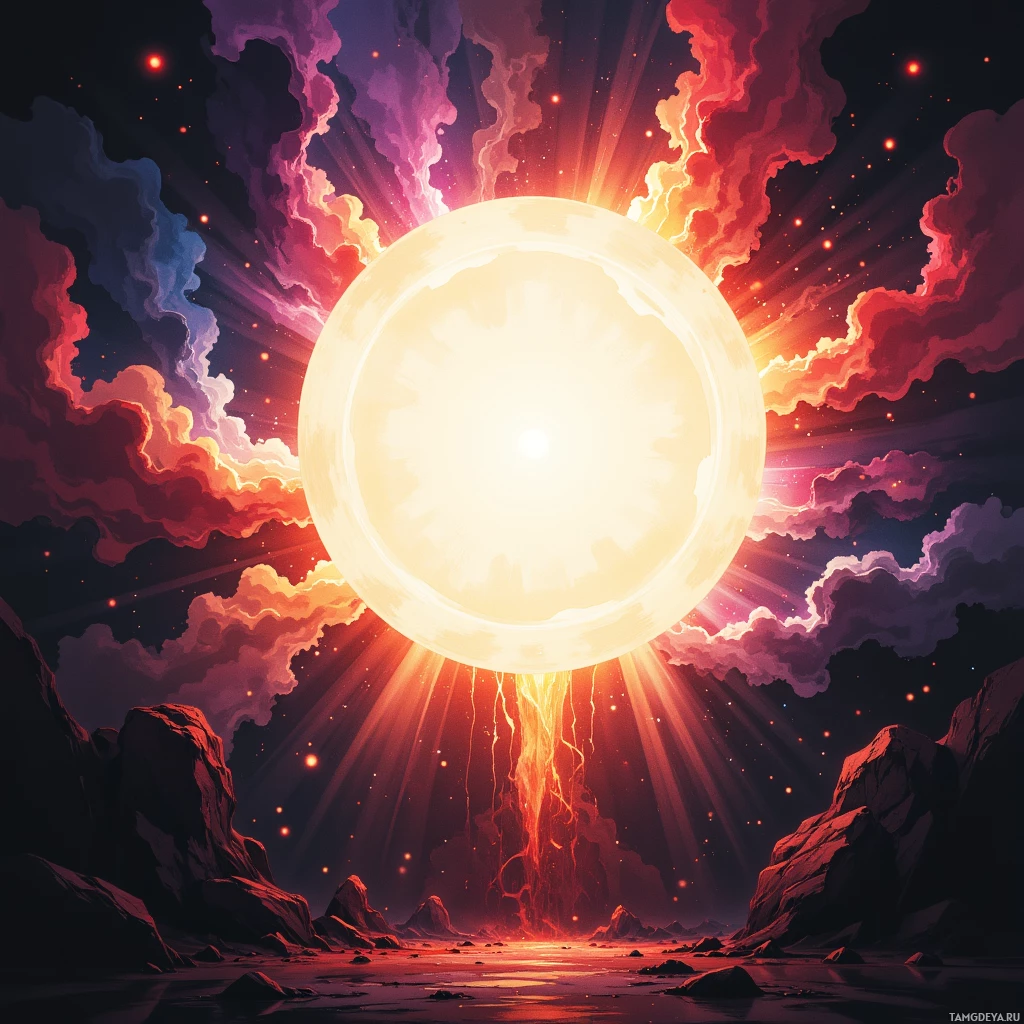 A vibrant cosmic scene featuring a glowing celestial body emitting radiant beams and surrounded by swirling clouds and distant stars.